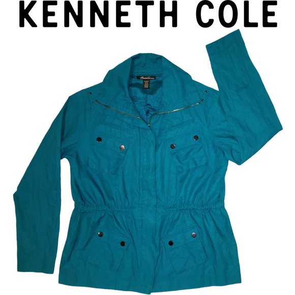 Turquoise Lightweight Jacket, Teal Raincoat, Spring Blue, Kenneth Cole, Medium - Picture 2 of 16